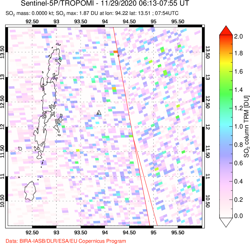 A sulfur dioxide image over Andaman Islands, Indian Ocean on Nov 29, 2020.