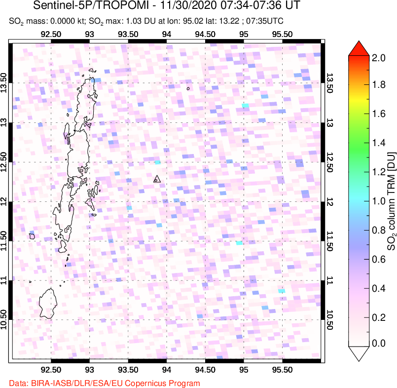 A sulfur dioxide image over Andaman Islands, Indian Ocean on Nov 30, 2020.