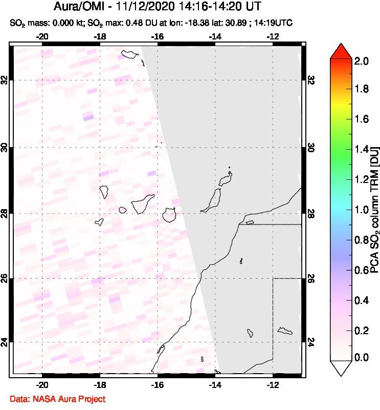 A sulfur dioxide image over Canary Islands on Nov 12, 2020.