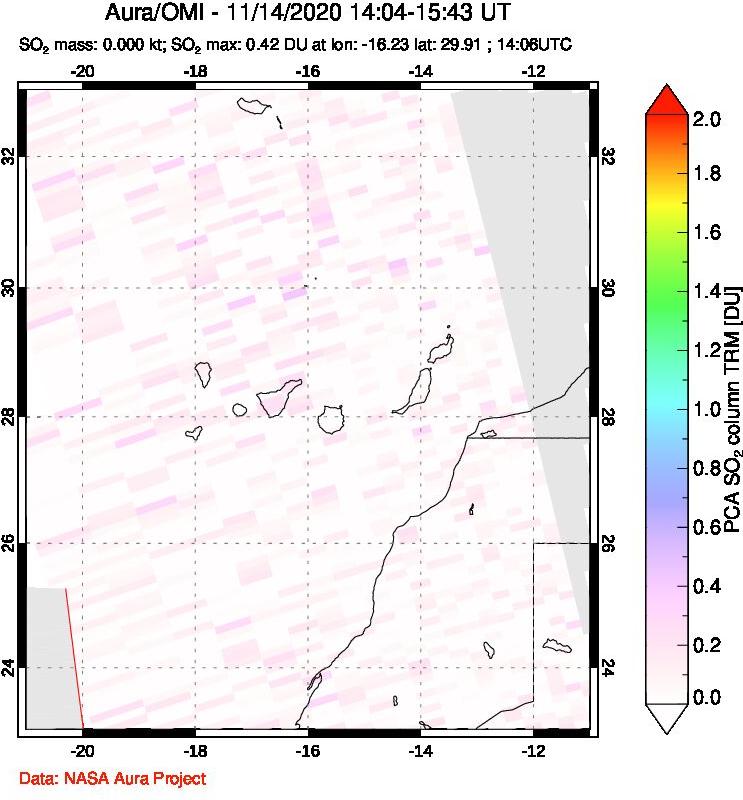 A sulfur dioxide image over Canary Islands on Nov 14, 2020.