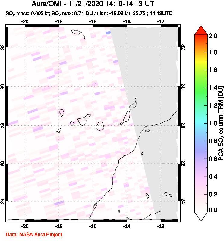 A sulfur dioxide image over Canary Islands on Nov 21, 2020.