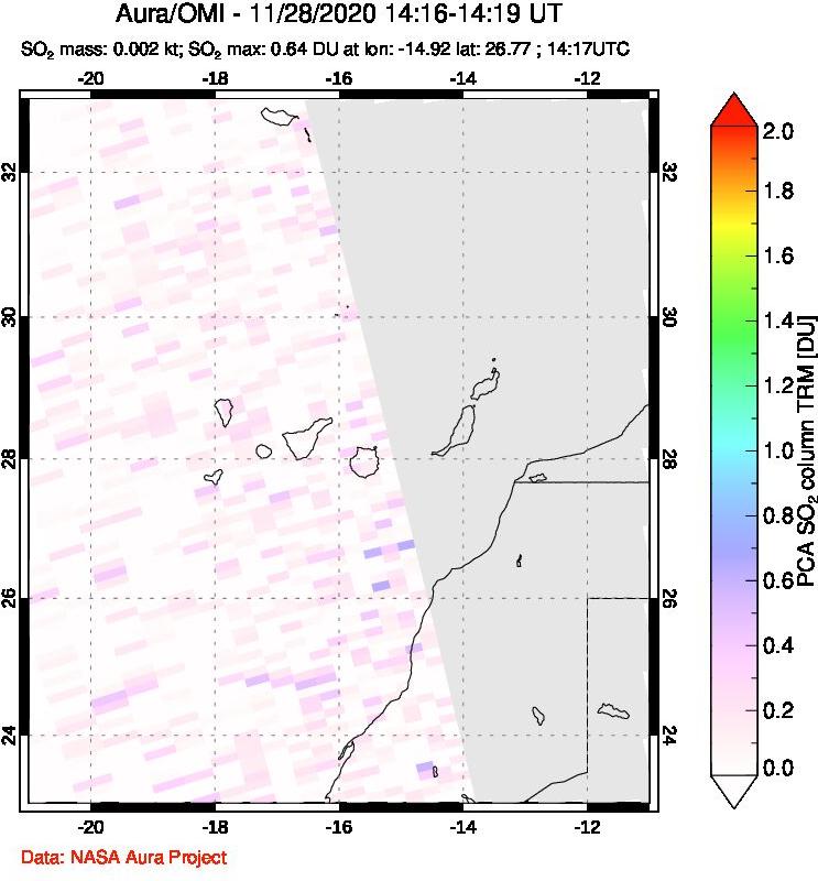 A sulfur dioxide image over Canary Islands on Nov 28, 2020.