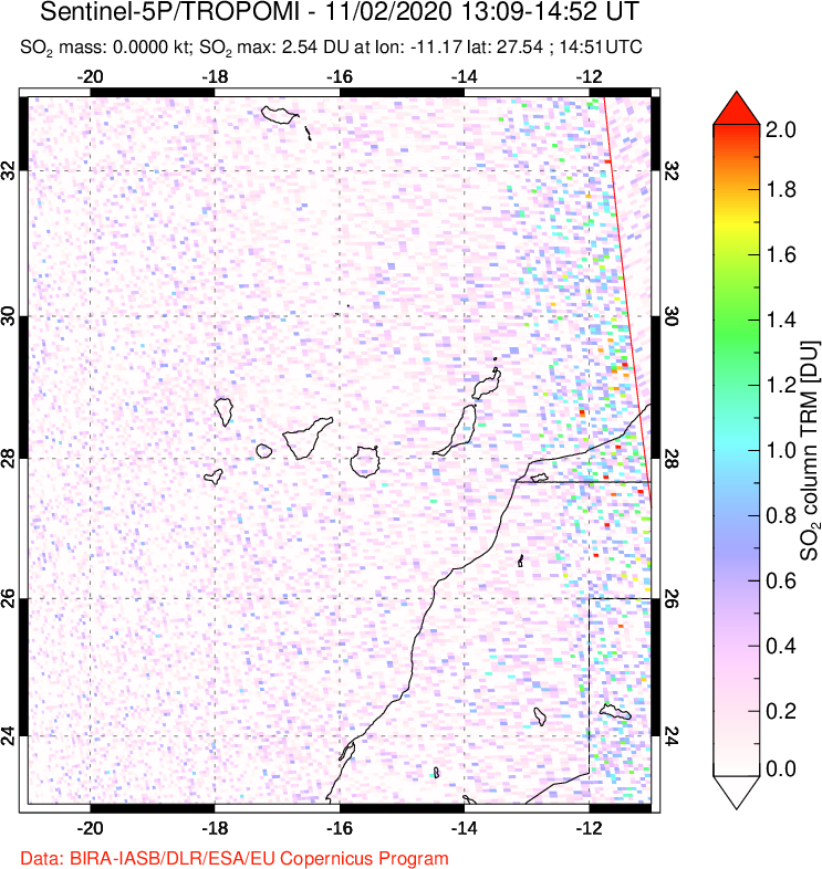 A sulfur dioxide image over Canary Islands on Nov 02, 2020.
