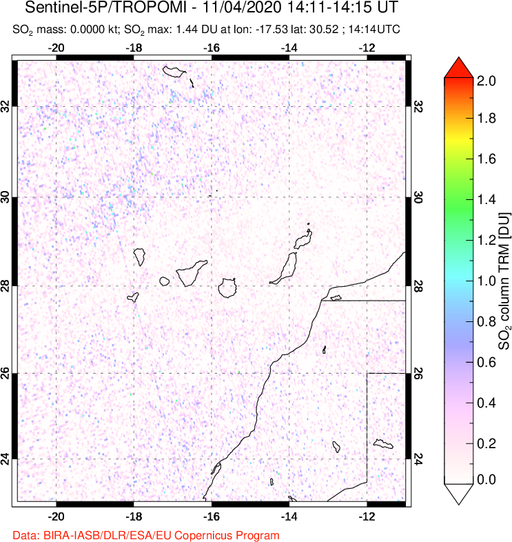A sulfur dioxide image over Canary Islands on Nov 04, 2020.