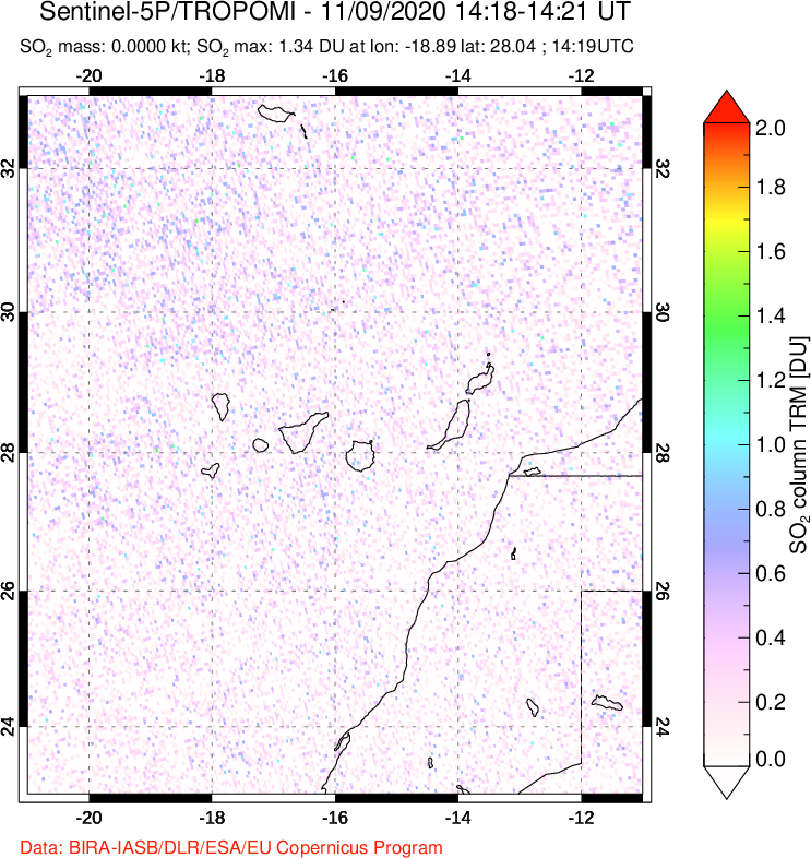 A sulfur dioxide image over Canary Islands on Nov 09, 2020.