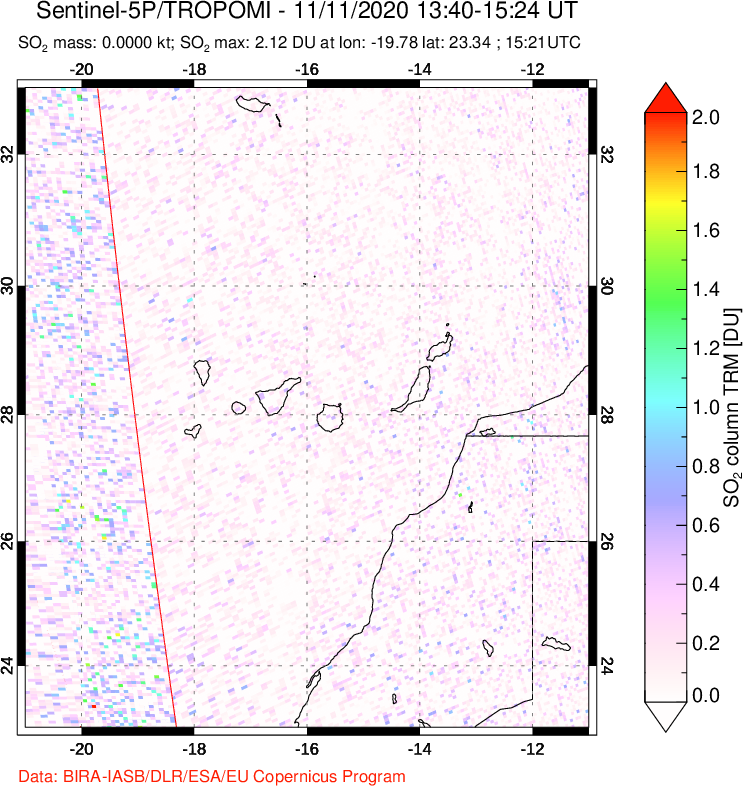A sulfur dioxide image over Canary Islands on Nov 11, 2020.