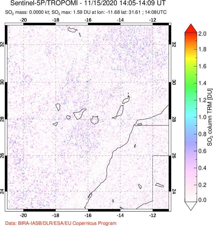 A sulfur dioxide image over Canary Islands on Nov 15, 2020.