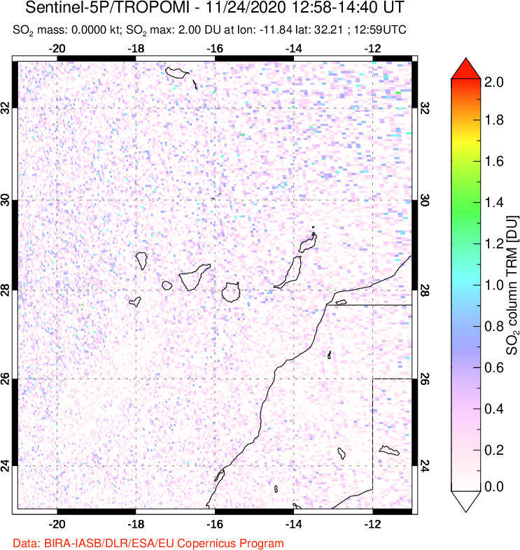A sulfur dioxide image over Canary Islands on Nov 24, 2020.