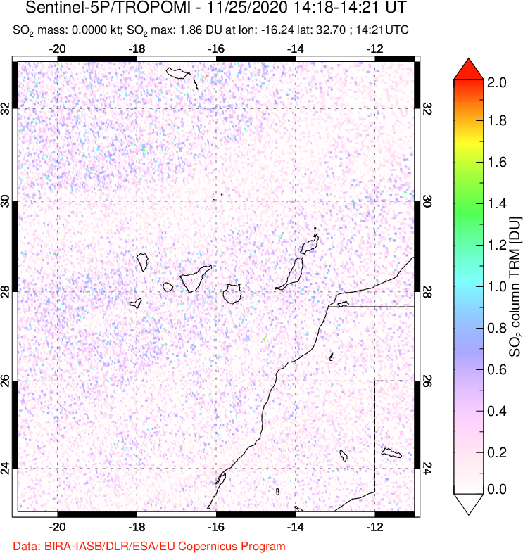 A sulfur dioxide image over Canary Islands on Nov 25, 2020.