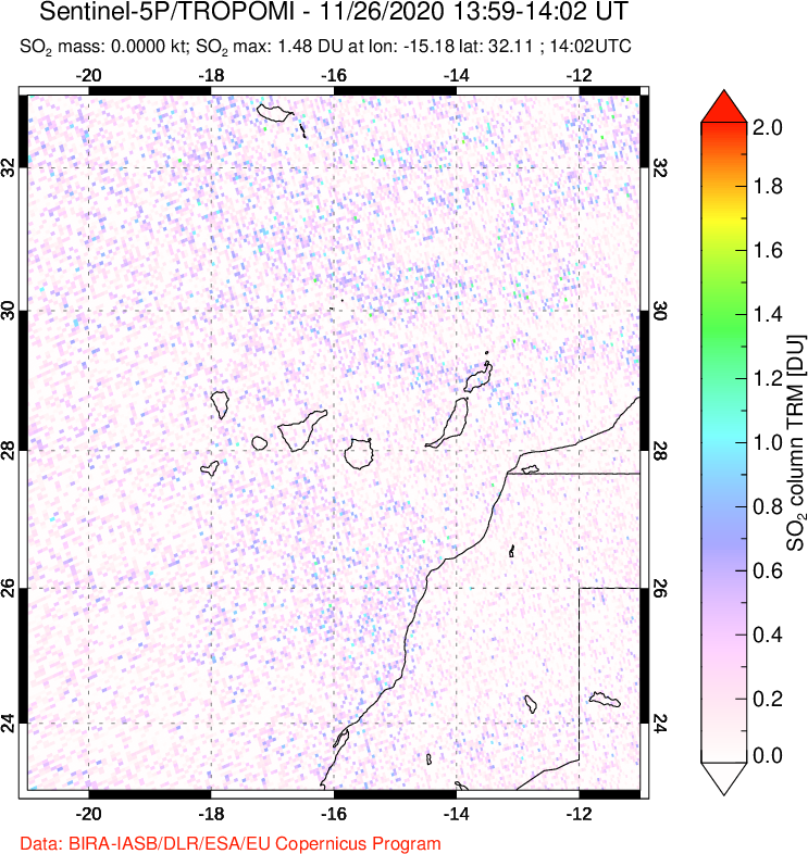 A sulfur dioxide image over Canary Islands on Nov 26, 2020.