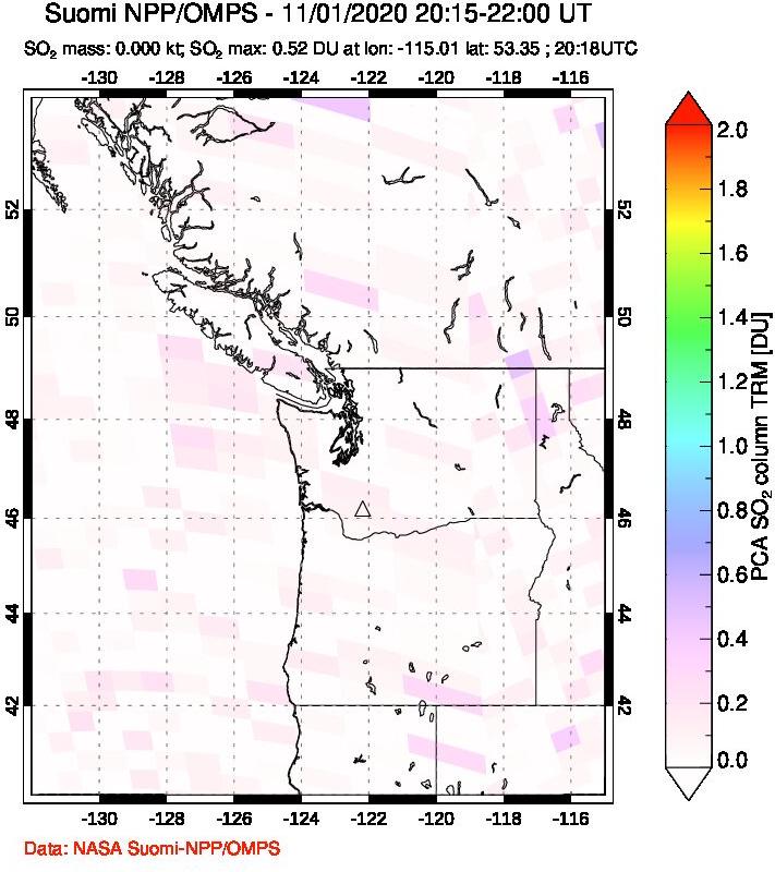 A sulfur dioxide image over Cascade Range, USA on Nov 01, 2020.