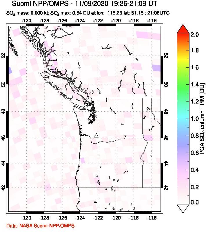 A sulfur dioxide image over Cascade Range, USA on Nov 09, 2020.