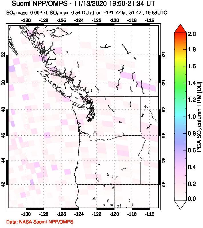 A sulfur dioxide image over Cascade Range, USA on Nov 13, 2020.