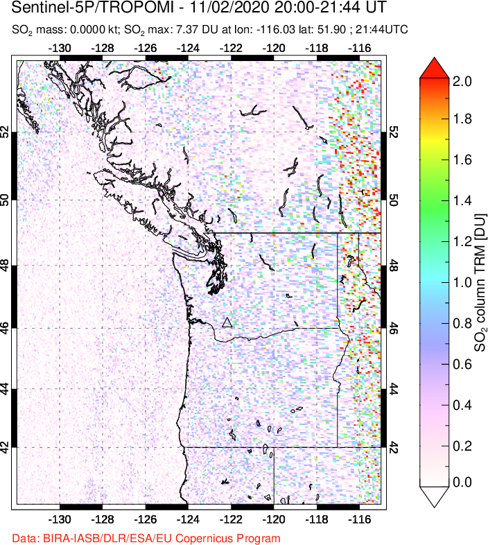 A sulfur dioxide image over Cascade Range, USA on Nov 02, 2020.