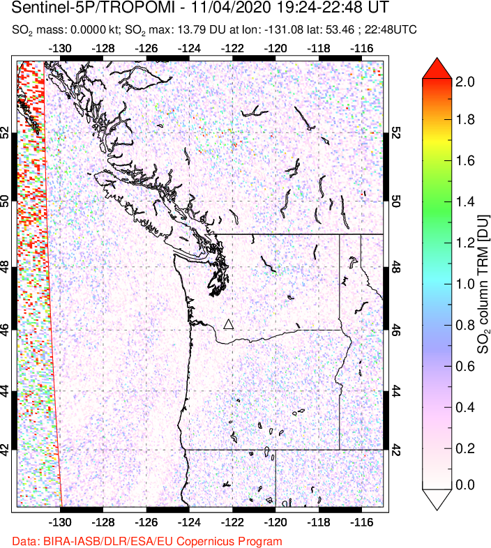 A sulfur dioxide image over Cascade Range, USA on Nov 04, 2020.