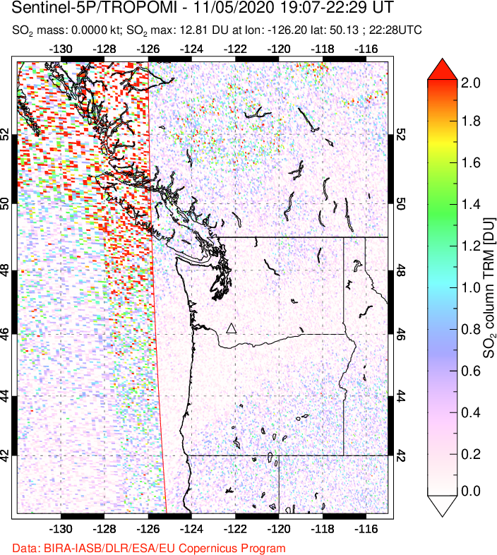 A sulfur dioxide image over Cascade Range, USA on Nov 05, 2020.