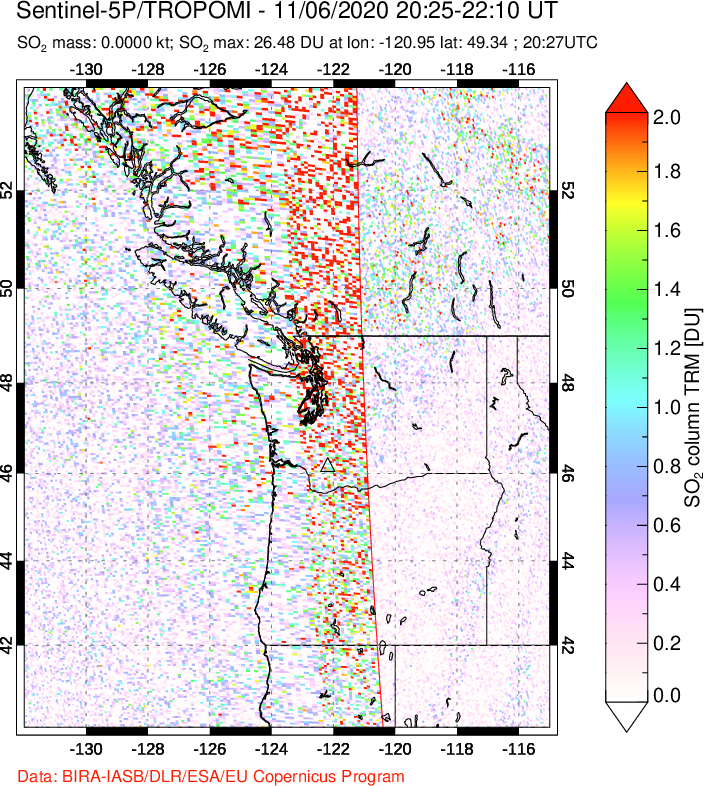 A sulfur dioxide image over Cascade Range, USA on Nov 06, 2020.