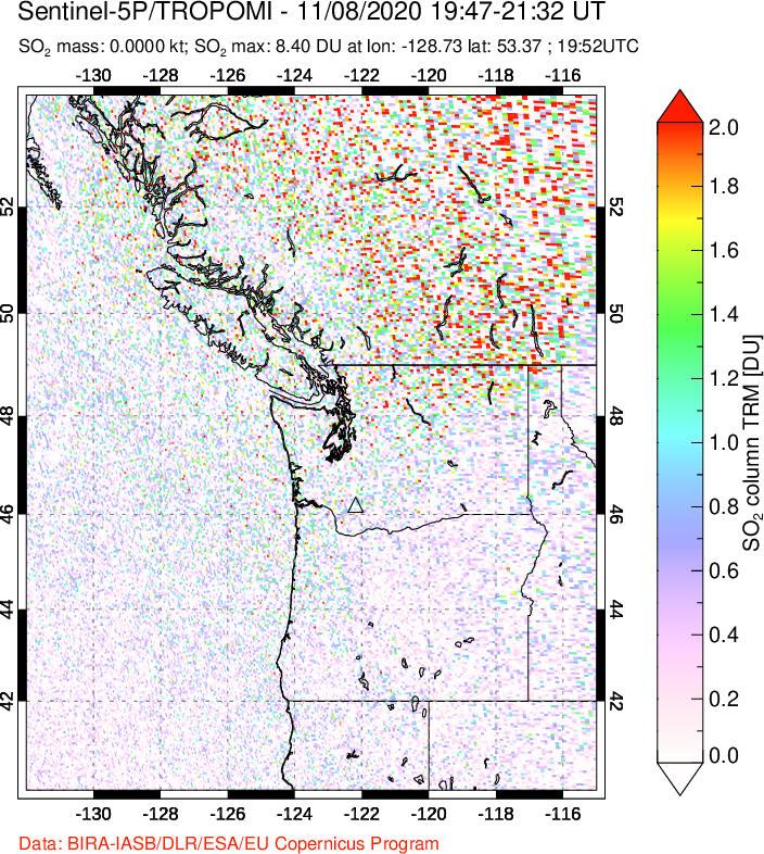 A sulfur dioxide image over Cascade Range, USA on Nov 08, 2020.