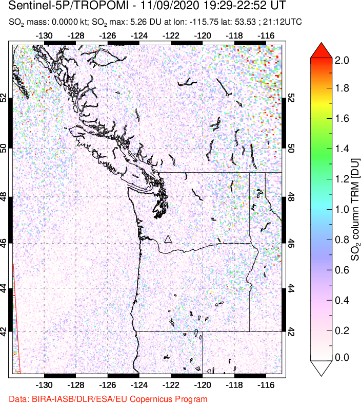 A sulfur dioxide image over Cascade Range, USA on Nov 09, 2020.