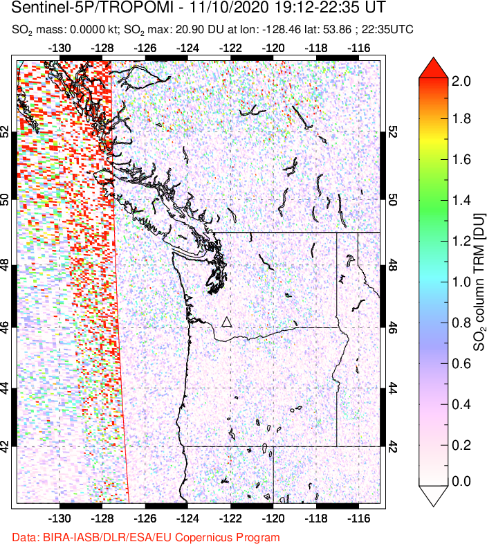 A sulfur dioxide image over Cascade Range, USA on Nov 10, 2020.