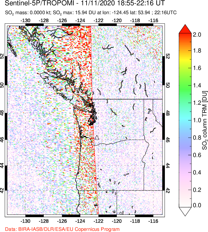 A sulfur dioxide image over Cascade Range, USA on Nov 11, 2020.