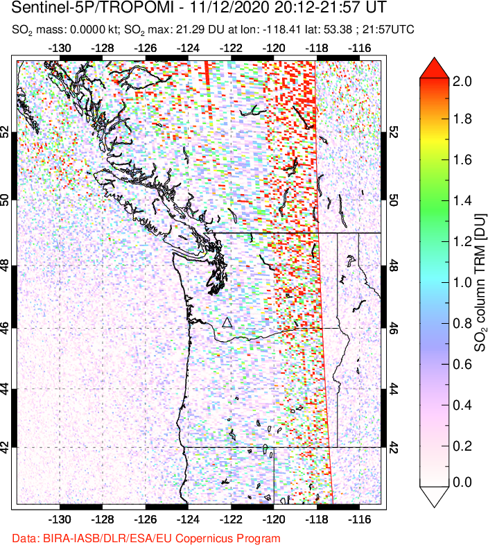 A sulfur dioxide image over Cascade Range, USA on Nov 12, 2020.