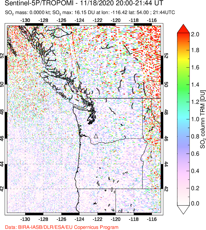 A sulfur dioxide image over Cascade Range, USA on Nov 18, 2020.
