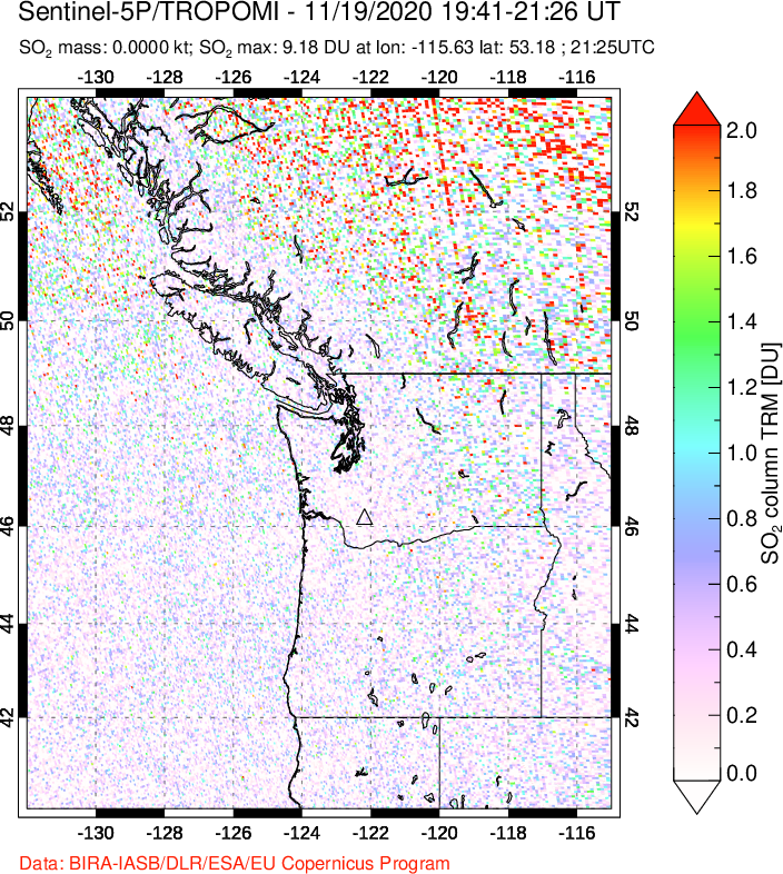 A sulfur dioxide image over Cascade Range, USA on Nov 19, 2020.