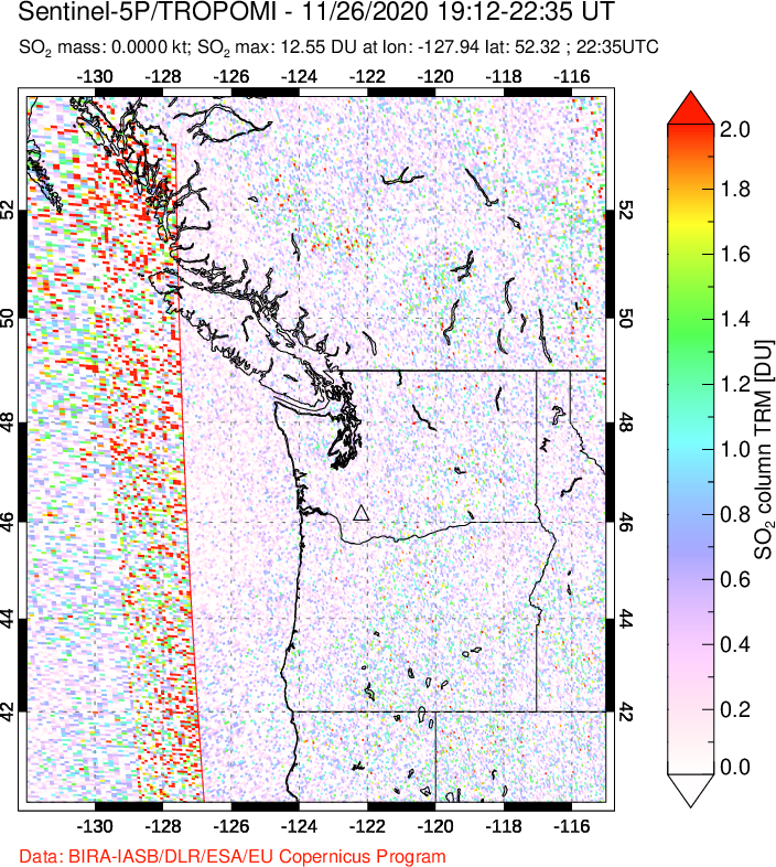 A sulfur dioxide image over Cascade Range, USA on Nov 26, 2020.