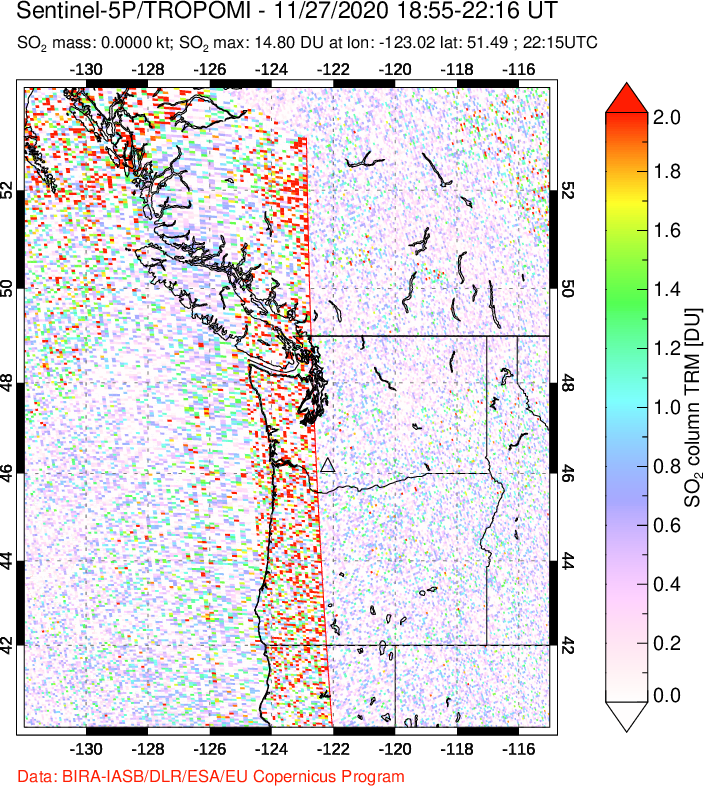 A sulfur dioxide image over Cascade Range, USA on Nov 27, 2020.