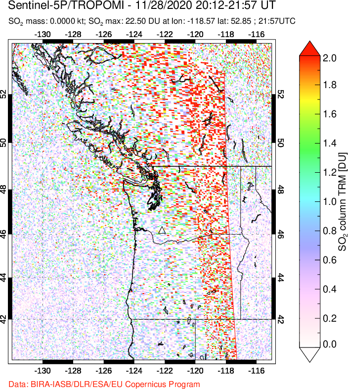 A sulfur dioxide image over Cascade Range, USA on Nov 28, 2020.