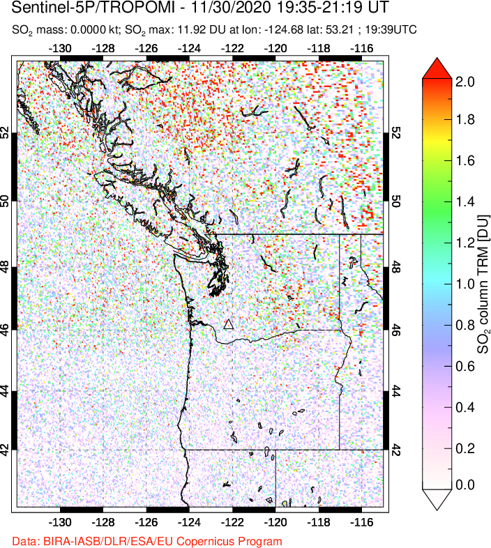 A sulfur dioxide image over Cascade Range, USA on Nov 30, 2020.