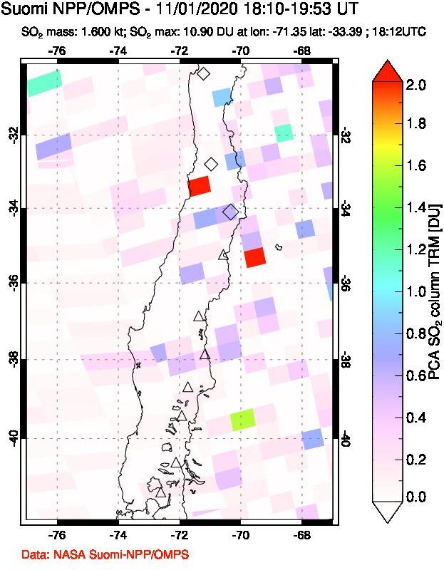 A sulfur dioxide image over Central Chile on Nov 01, 2020.