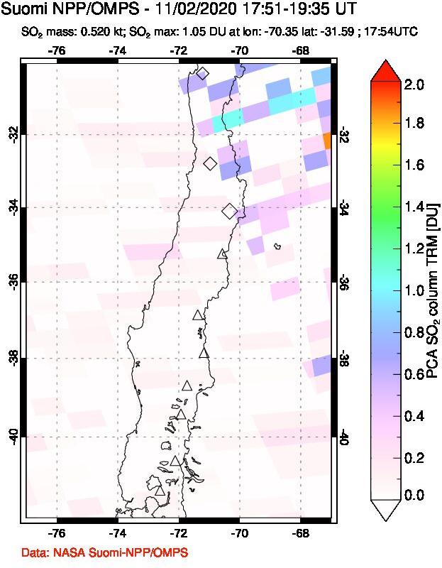 A sulfur dioxide image over Central Chile on Nov 02, 2020.
