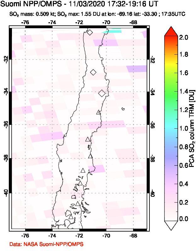 A sulfur dioxide image over Central Chile on Nov 03, 2020.