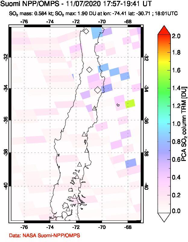 A sulfur dioxide image over Central Chile on Nov 07, 2020.