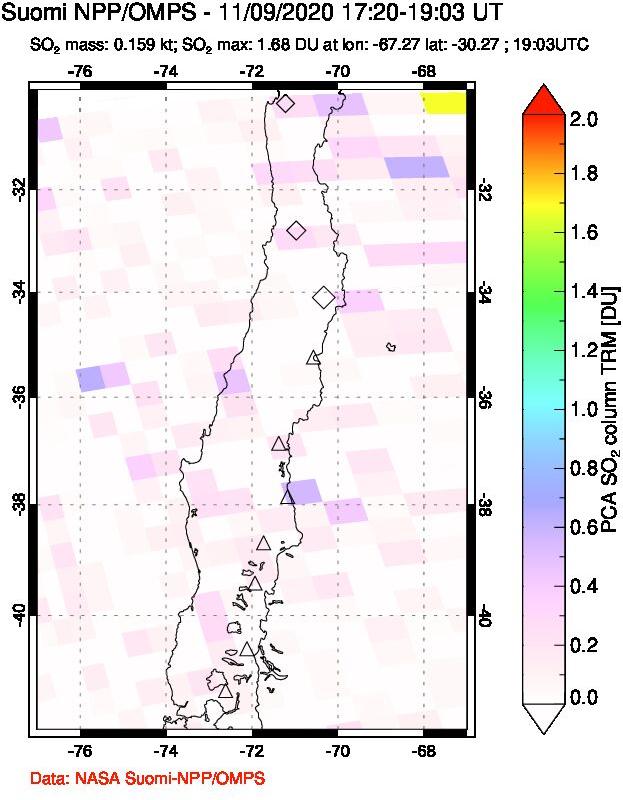 A sulfur dioxide image over Central Chile on Nov 09, 2020.