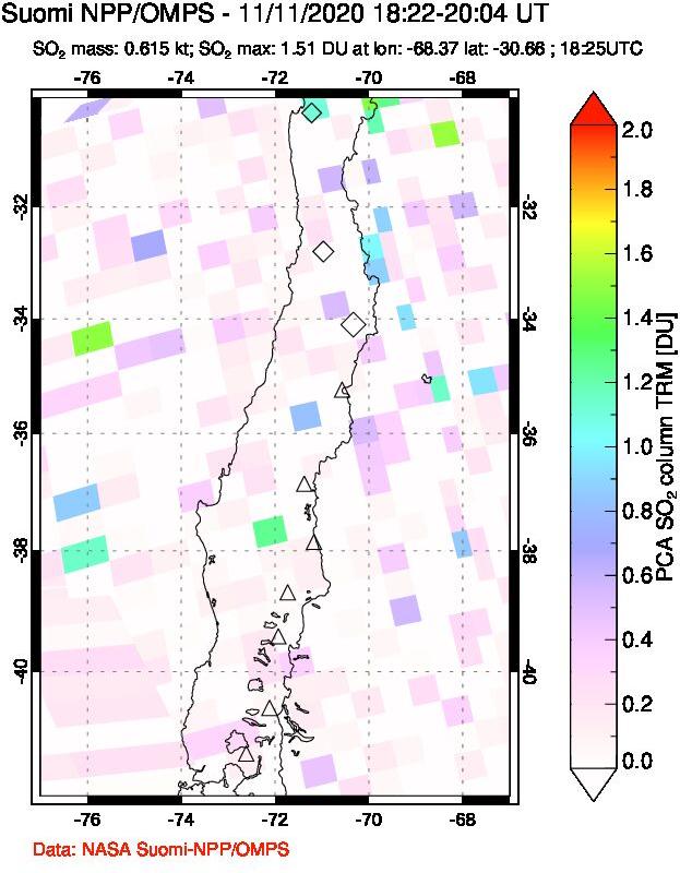 A sulfur dioxide image over Central Chile on Nov 11, 2020.