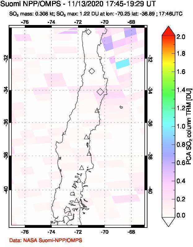 A sulfur dioxide image over Central Chile on Nov 13, 2020.