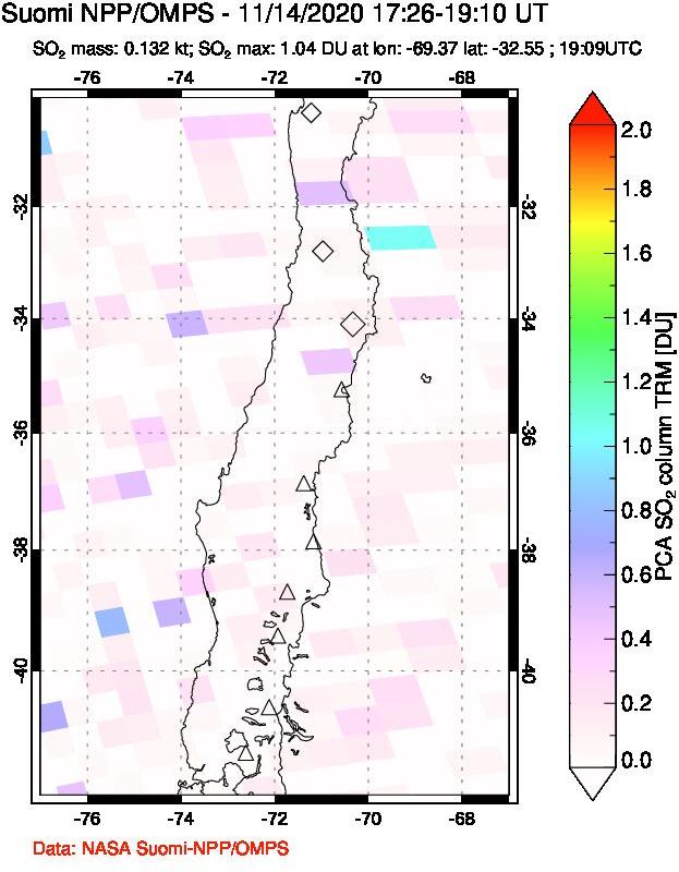 A sulfur dioxide image over Central Chile on Nov 14, 2020.