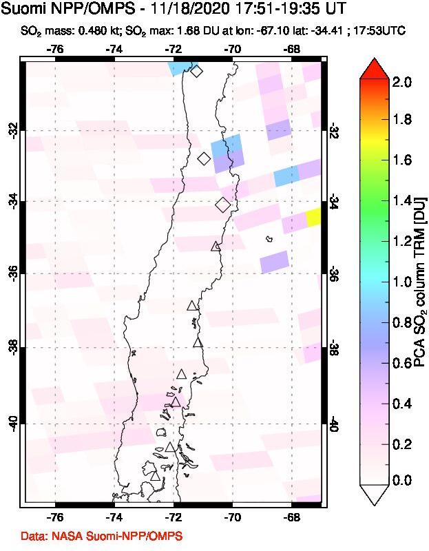 A sulfur dioxide image over Central Chile on Nov 18, 2020.