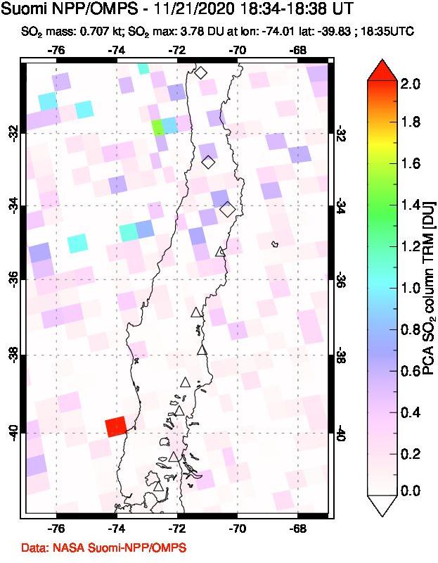 A sulfur dioxide image over Central Chile on Nov 21, 2020.