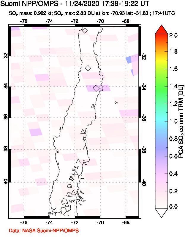 A sulfur dioxide image over Central Chile on Nov 24, 2020.