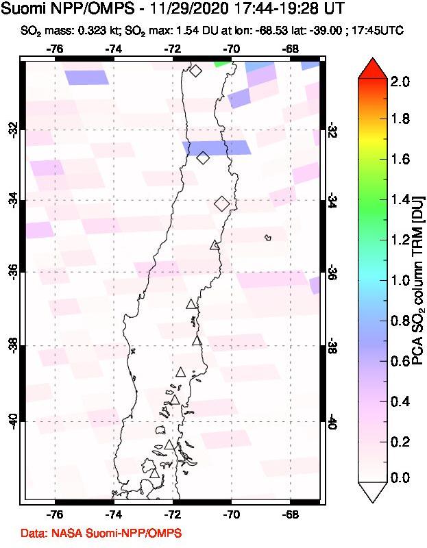 A sulfur dioxide image over Central Chile on Nov 29, 2020.