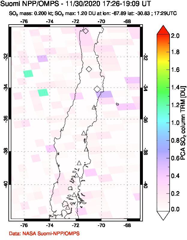A sulfur dioxide image over Central Chile on Nov 30, 2020.