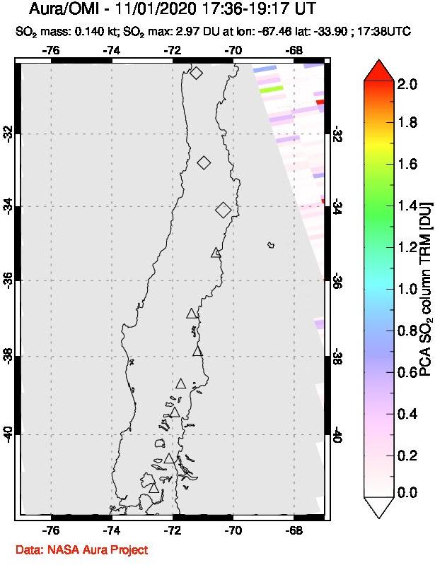 A sulfur dioxide image over Central Chile on Nov 01, 2020.
