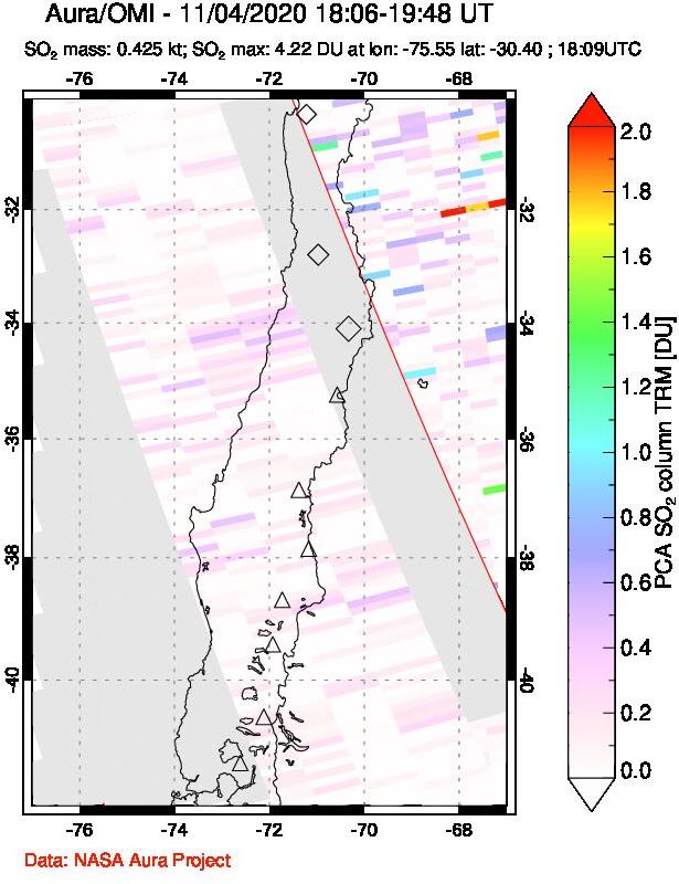 A sulfur dioxide image over Central Chile on Nov 04, 2020.