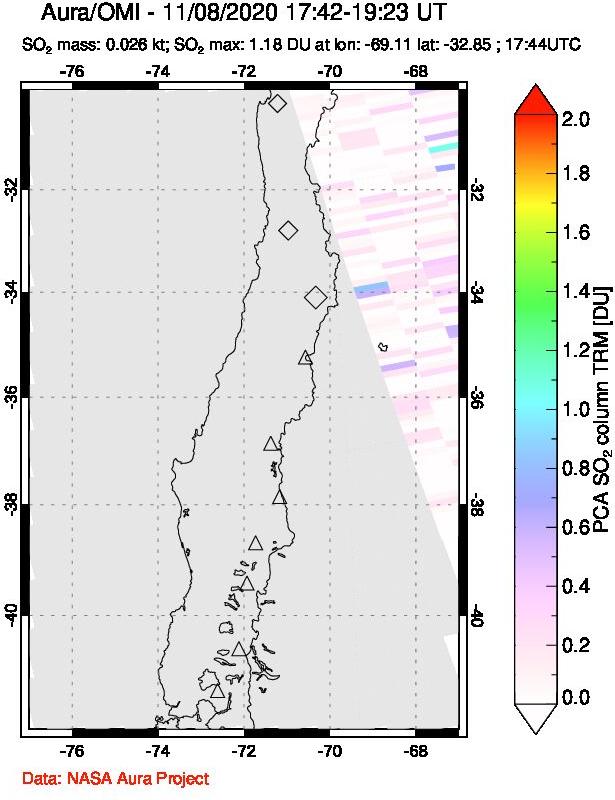 A sulfur dioxide image over Central Chile on Nov 08, 2020.
