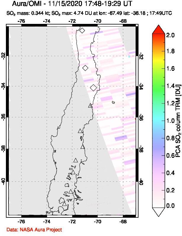 A sulfur dioxide image over Central Chile on Nov 15, 2020.