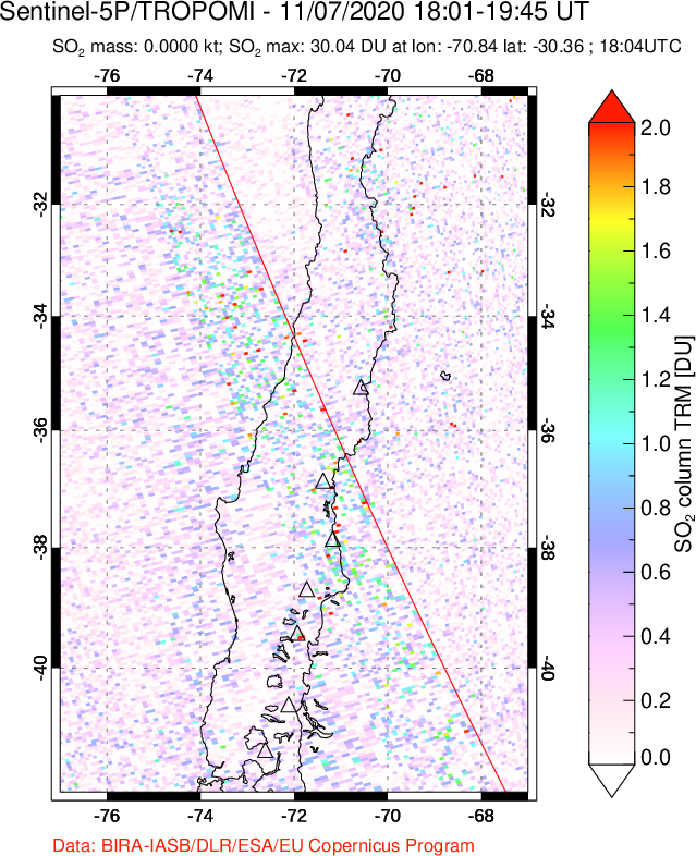 A sulfur dioxide image over Central Chile on Nov 07, 2020.